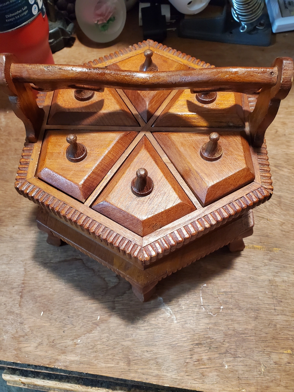 Mid Century Hand-Carved Wooden Storage Box - Hexagonal Trinket Case or Jewelry B